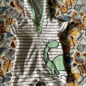 Striped Dinosaur Hooded Bodysuit - Green and White